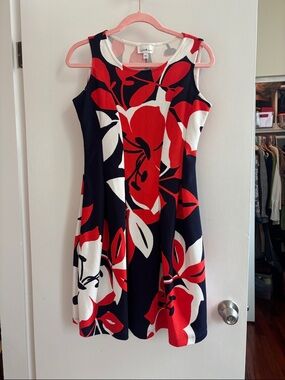Jaclyn Smith Red Navy White Floral Fit-and-Flare Midi Dress